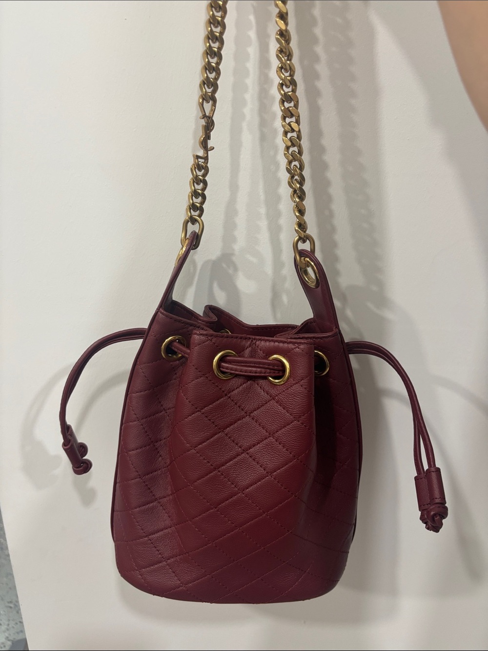 Y**S**L Quilted Drawstring Crossbody Bag in Burgundy with Gold Chain not auth**